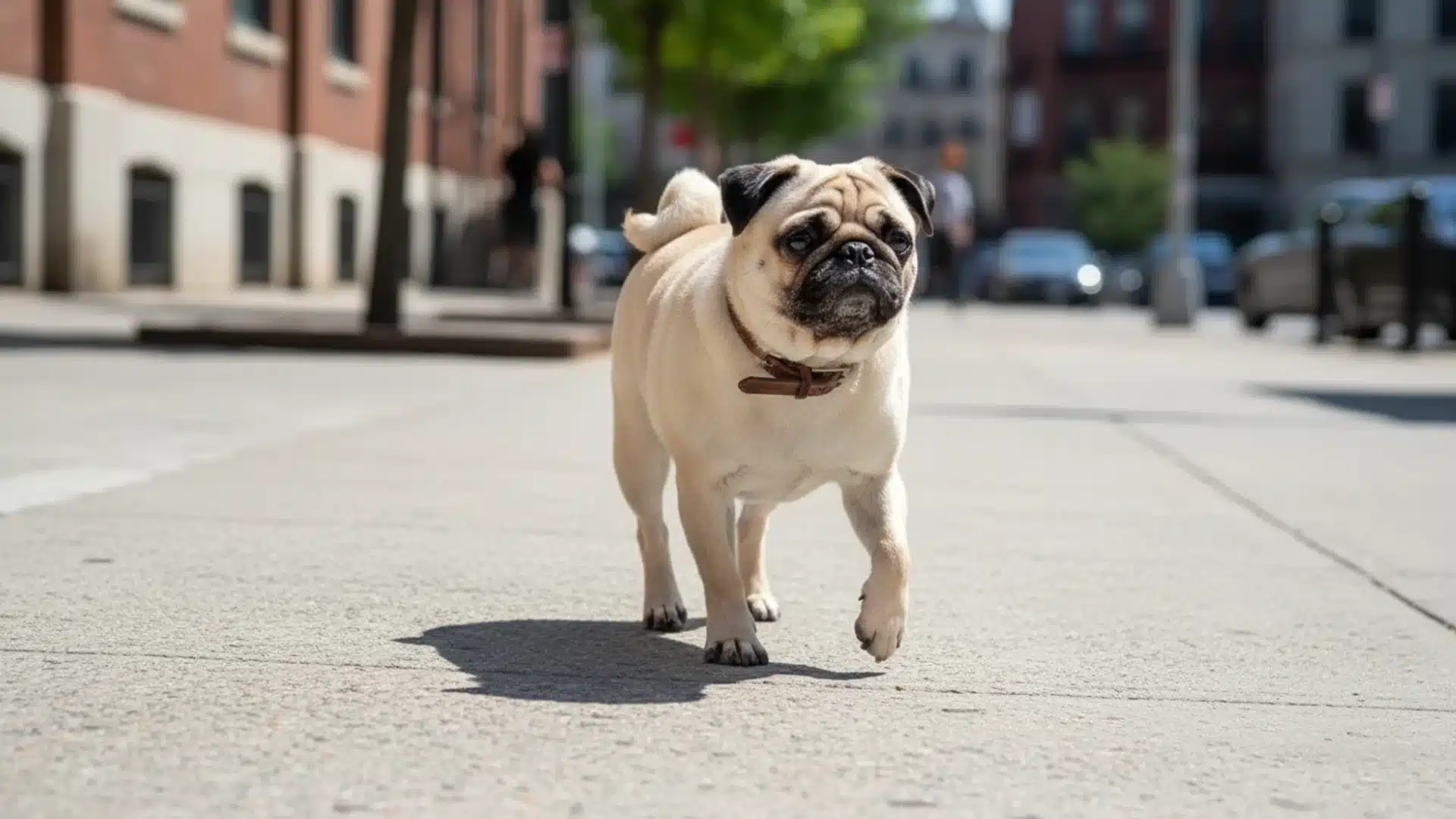 Pug dog walking on city pavement with curled tail and wrinkled face, urban street and buildings in background