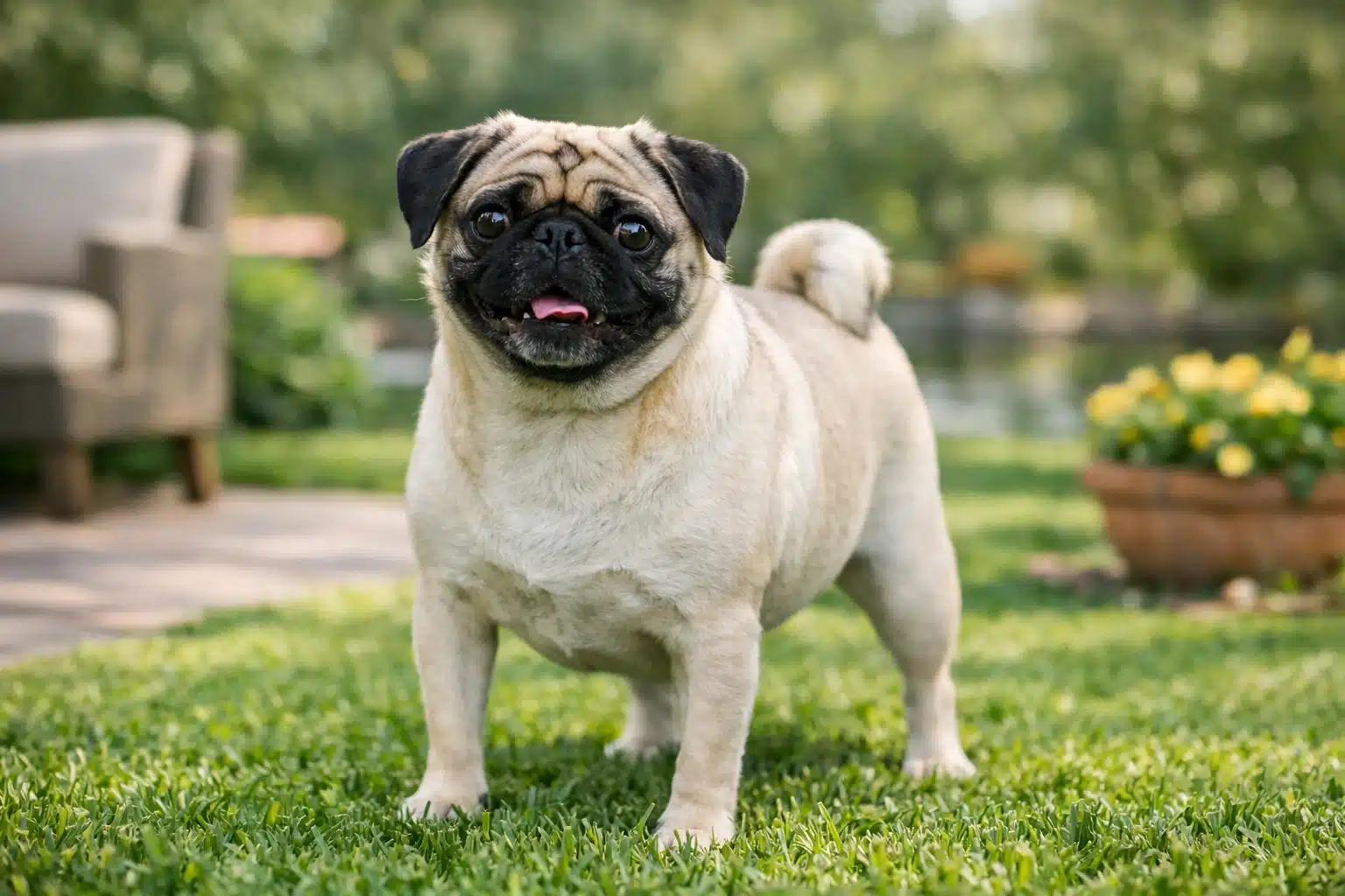 Pug standing on green lawn with garden and flowers in background