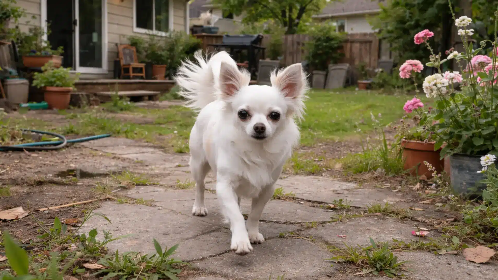 Pure White Chihuahua walking on backyard stone path with house and garden flowers in background