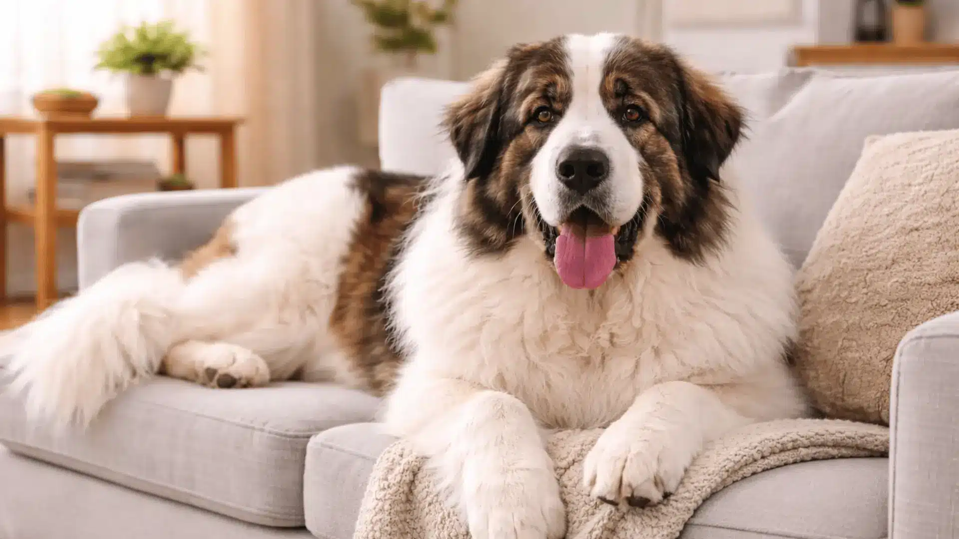 Pyrenean Mastiff lying on a sofa in a living room, large fluffy body resting on a soft cushion indoors