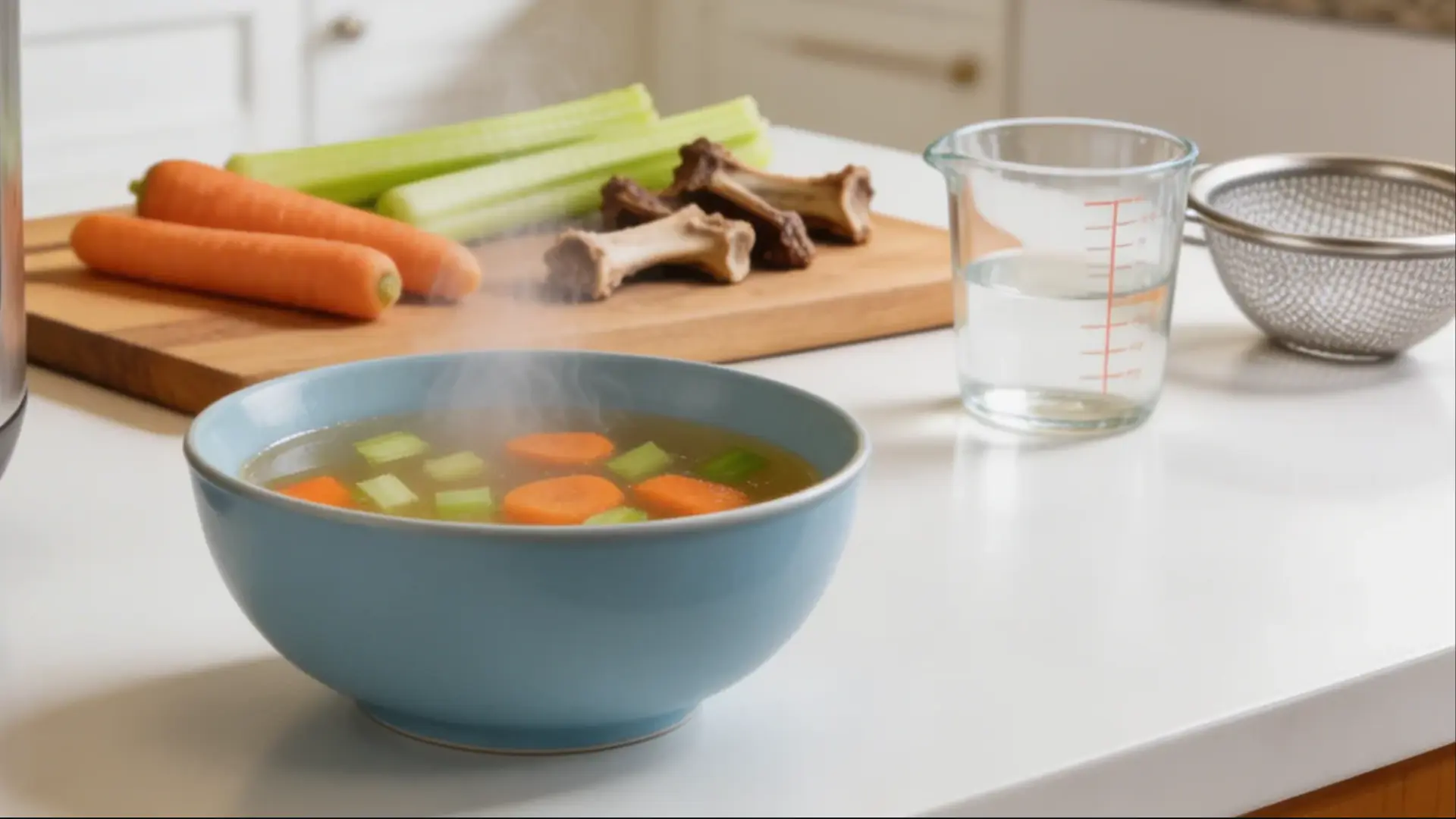 Quick instant pot bone broth for dogs with beef bones carrots and celery beside pressure cooker in kitchen