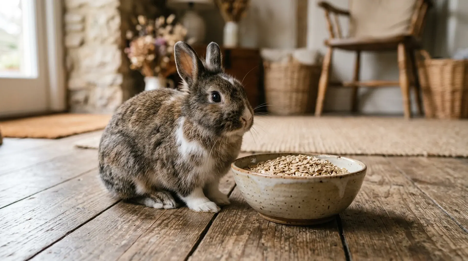 Rabbit sitting on wooden floor beside bowl of oats inside cozy home setting