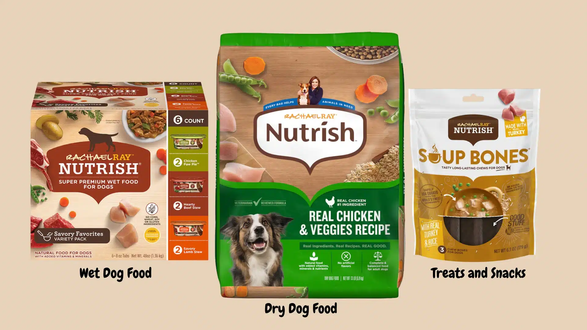 Rachael Ray Nutrish wet food, dry kibble, and treats showing different dog food product types