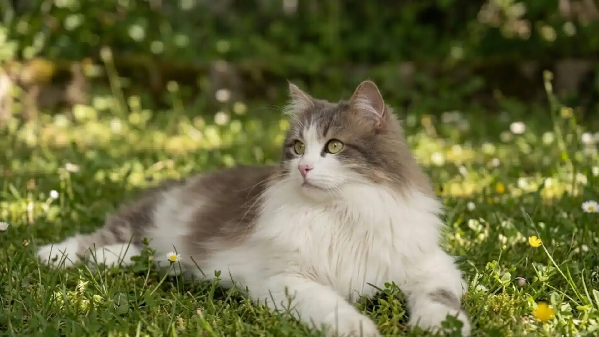 Ragamuffin lying on green grass with small flowers in a sunny garden setting