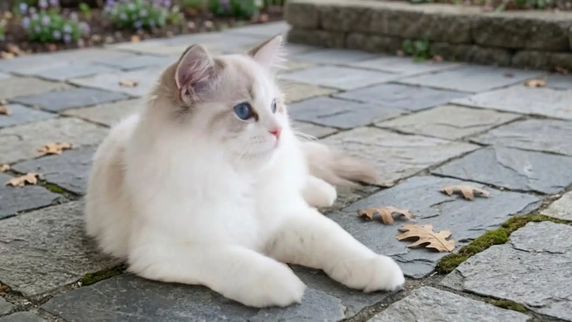 Ragdoll with blue eyes lying on stone patio in garden with flowers and fallen leaves