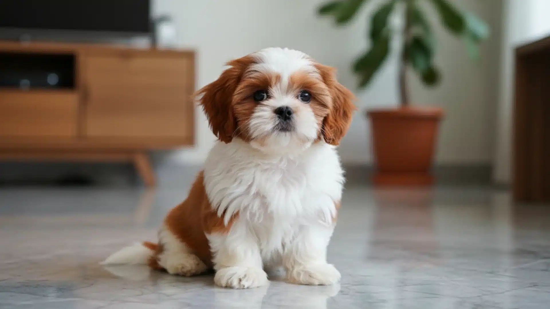 Red and white Shih Tzu puppy sitting on marble floor indoors with fluffy coat and cozy home background