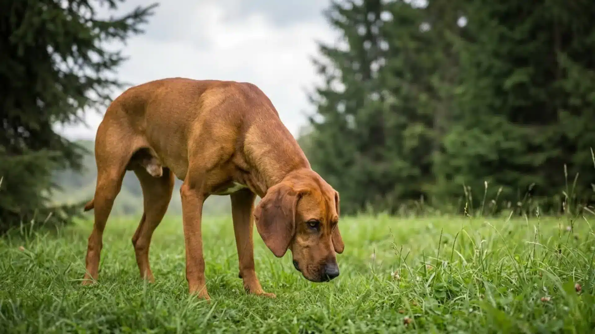 Redbone Coonhound sniffing grass in a green forest clearing with trees in the background