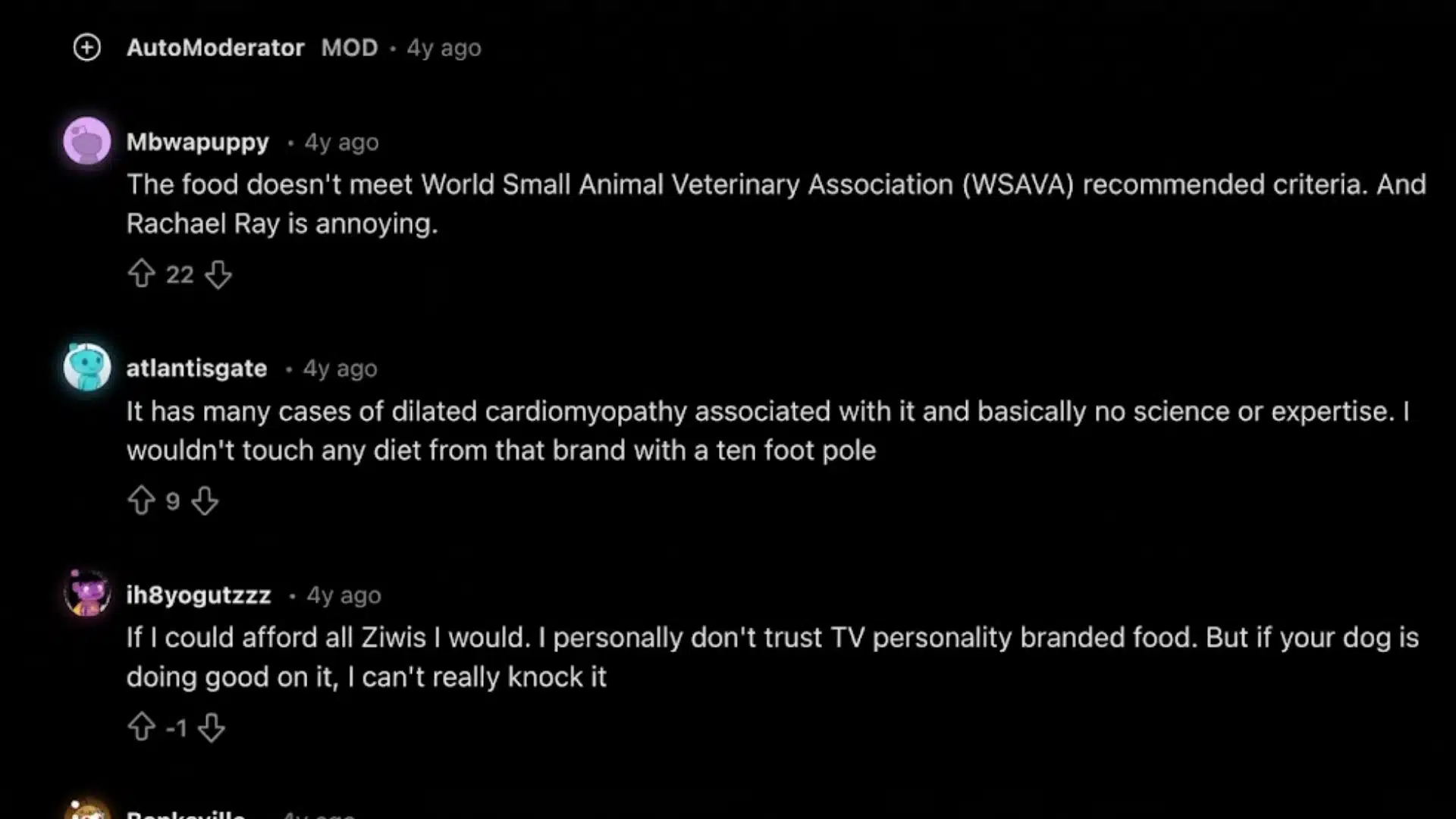 Reddit comments discussing Rachael Ray dog food, including concerns about WSAVA standards and DCM risks