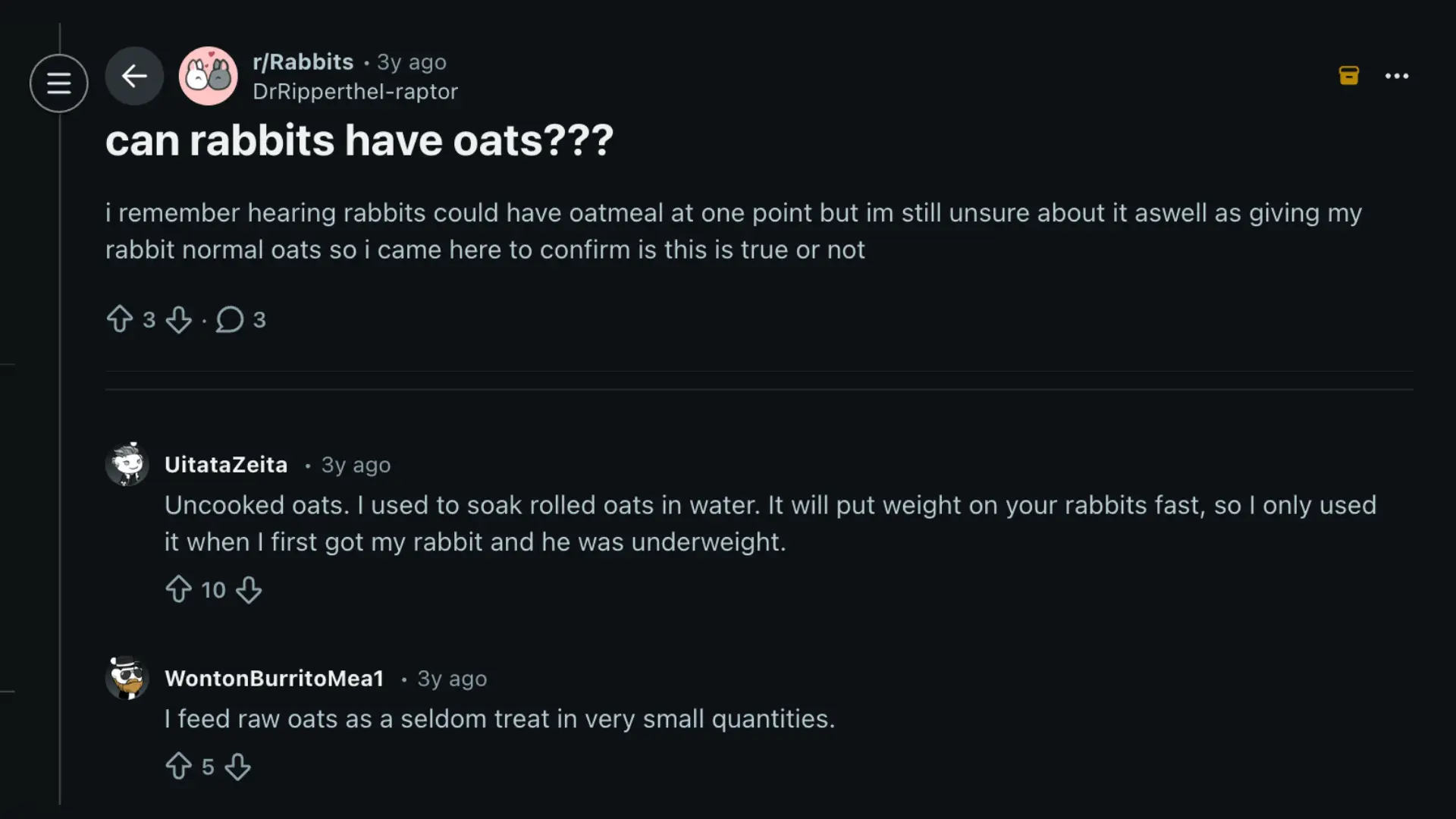 Reddit discussion about feeding oats to rabbits with user comments on safety and portion size