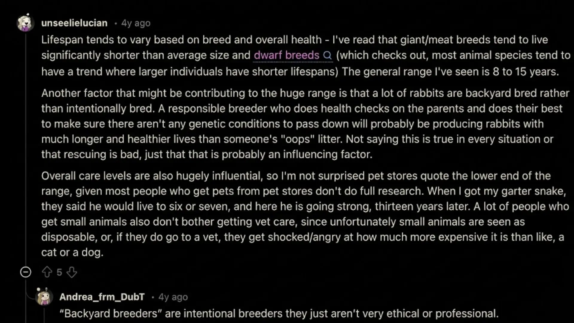 Reddit discussion on rabbit lifespan, breed impact, care quality, and differences in longevity among pet rabbits