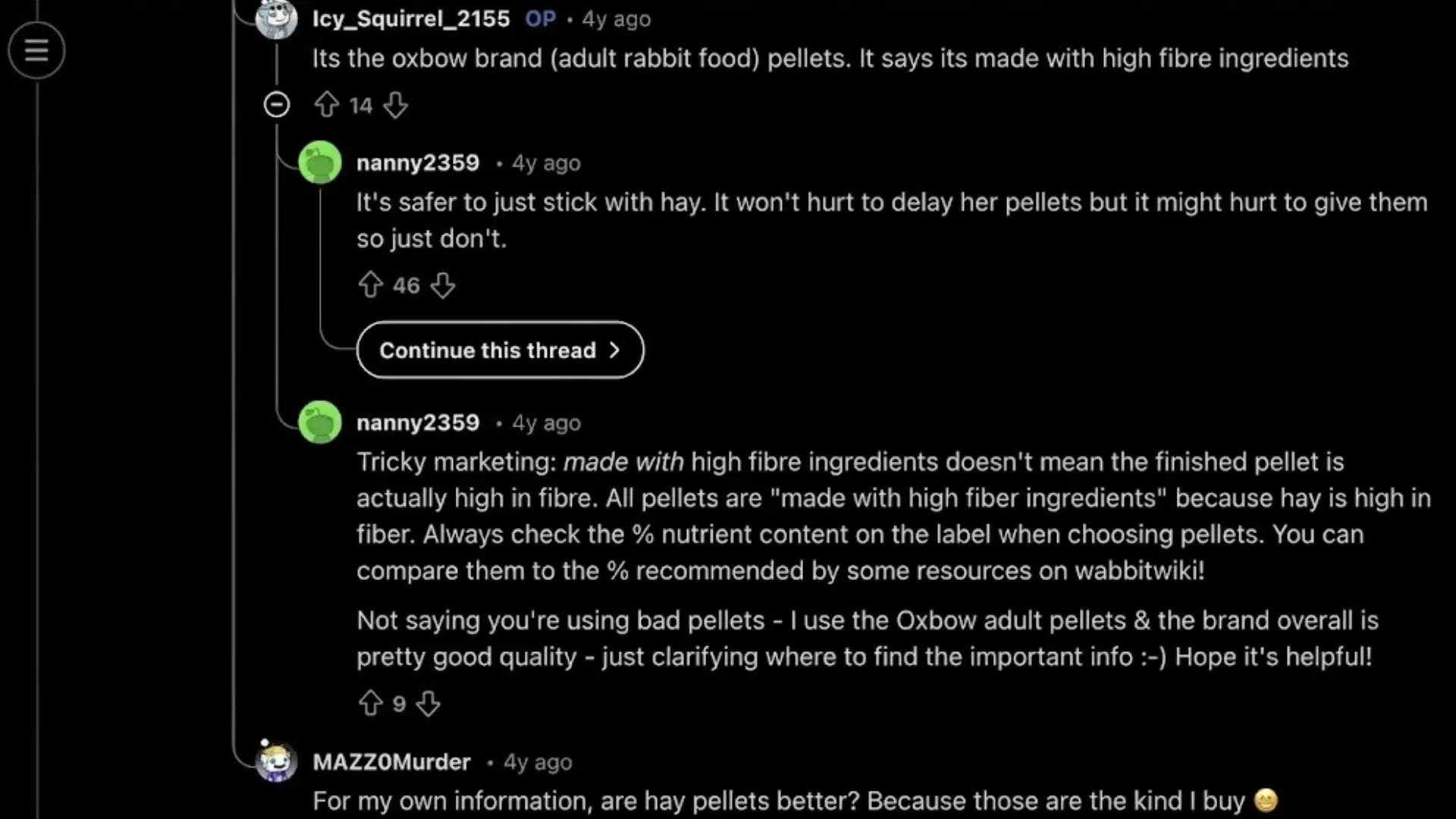 Reddit thread discussing rabbit pellets, hay importance, and fiber content concerns for proper bunny diet choices