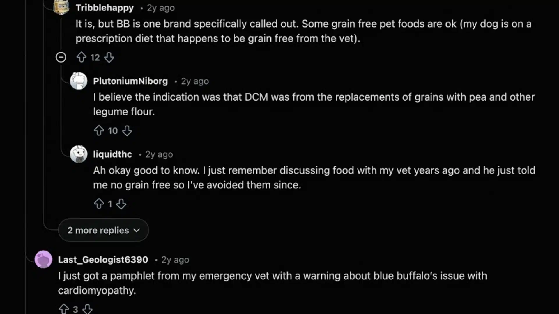 Reddit users discuss Blue Buffalo dog food, grain free diets, and DCM concerns from vet advice