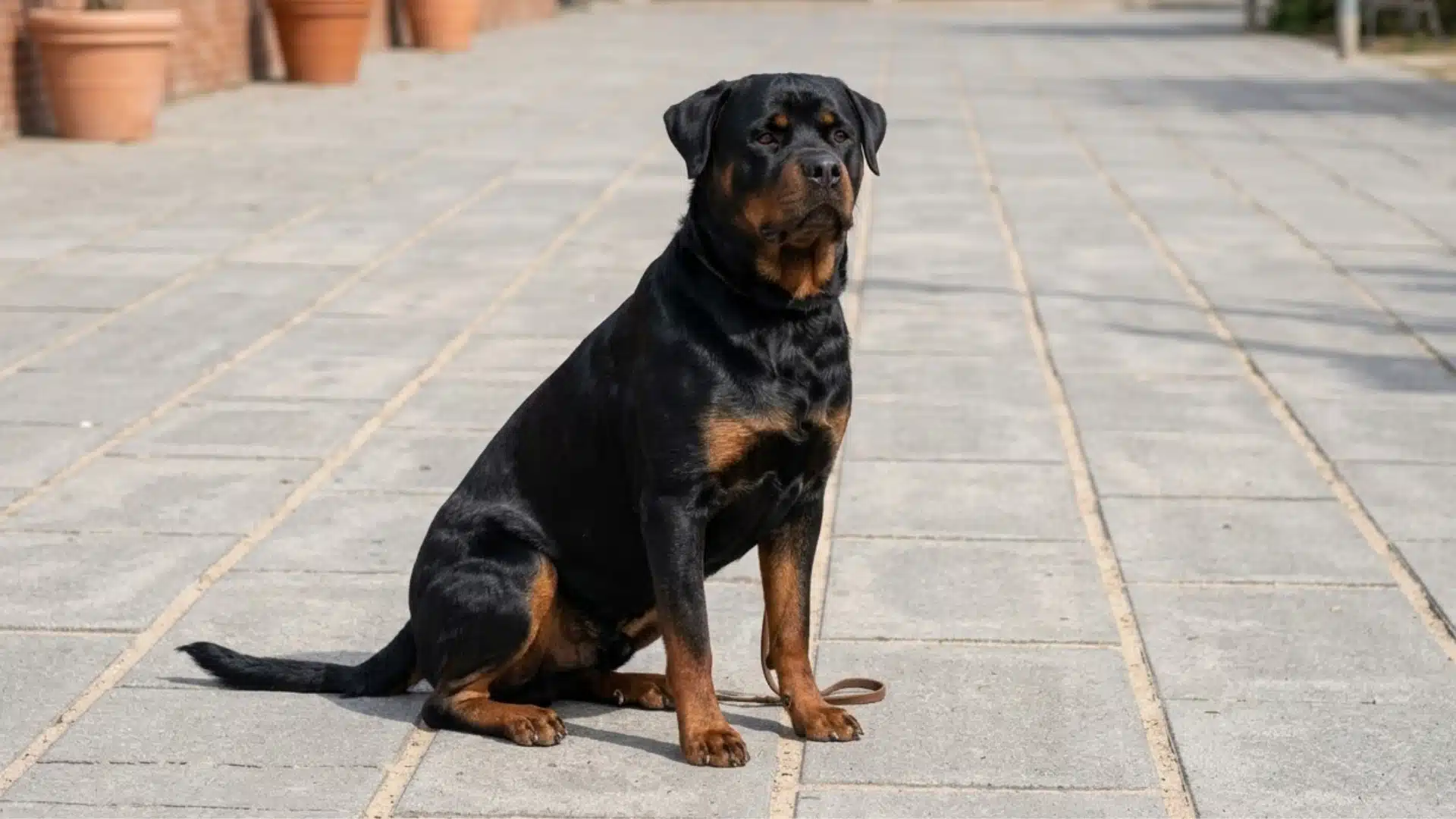 Rottweiler sitting on a paved walkway, showing its muscular build, short black coat with rust markings, and calm protective posture