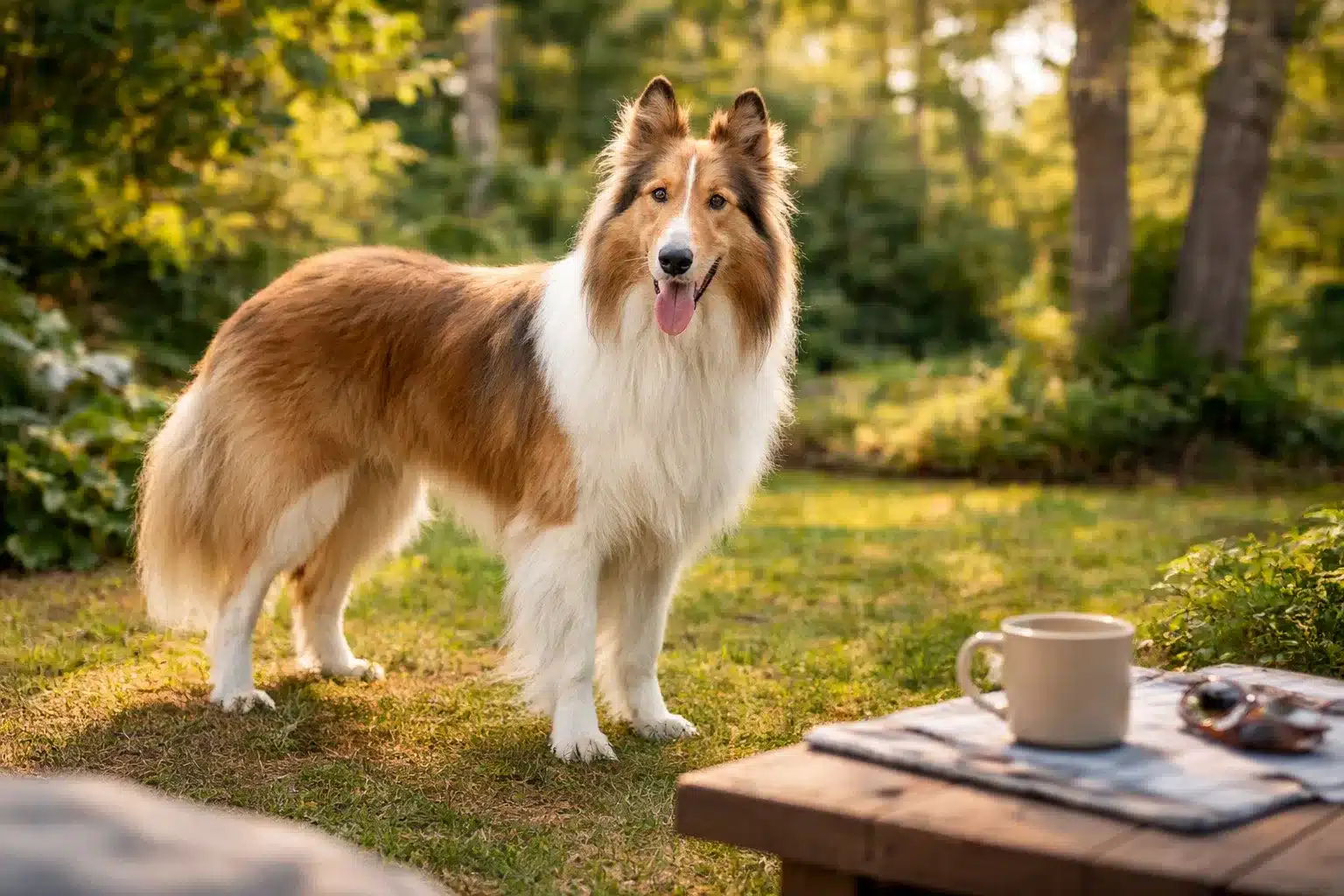 Rough collie standing on grass in a sunlit garden with trees in the background