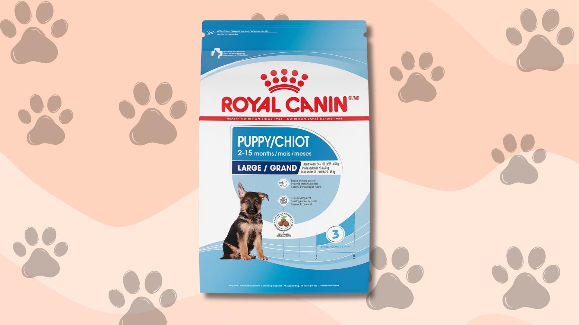 Royal Canin large breed puppy food bag designed for healthy growth and balanced nutrition for puppies