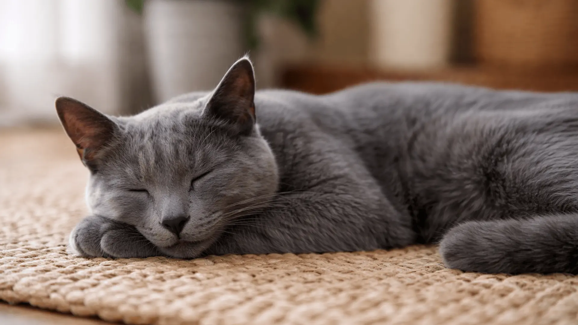 Russian Blue cat sleeping peacefully on a woven floor mat in natural light