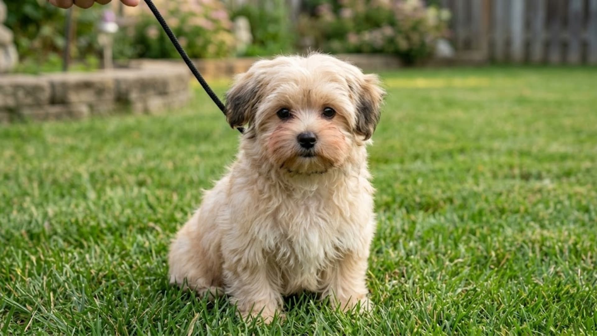 Russian Tsvetnaya Bolonka (White) breed dog sitting in a grassy backyard background