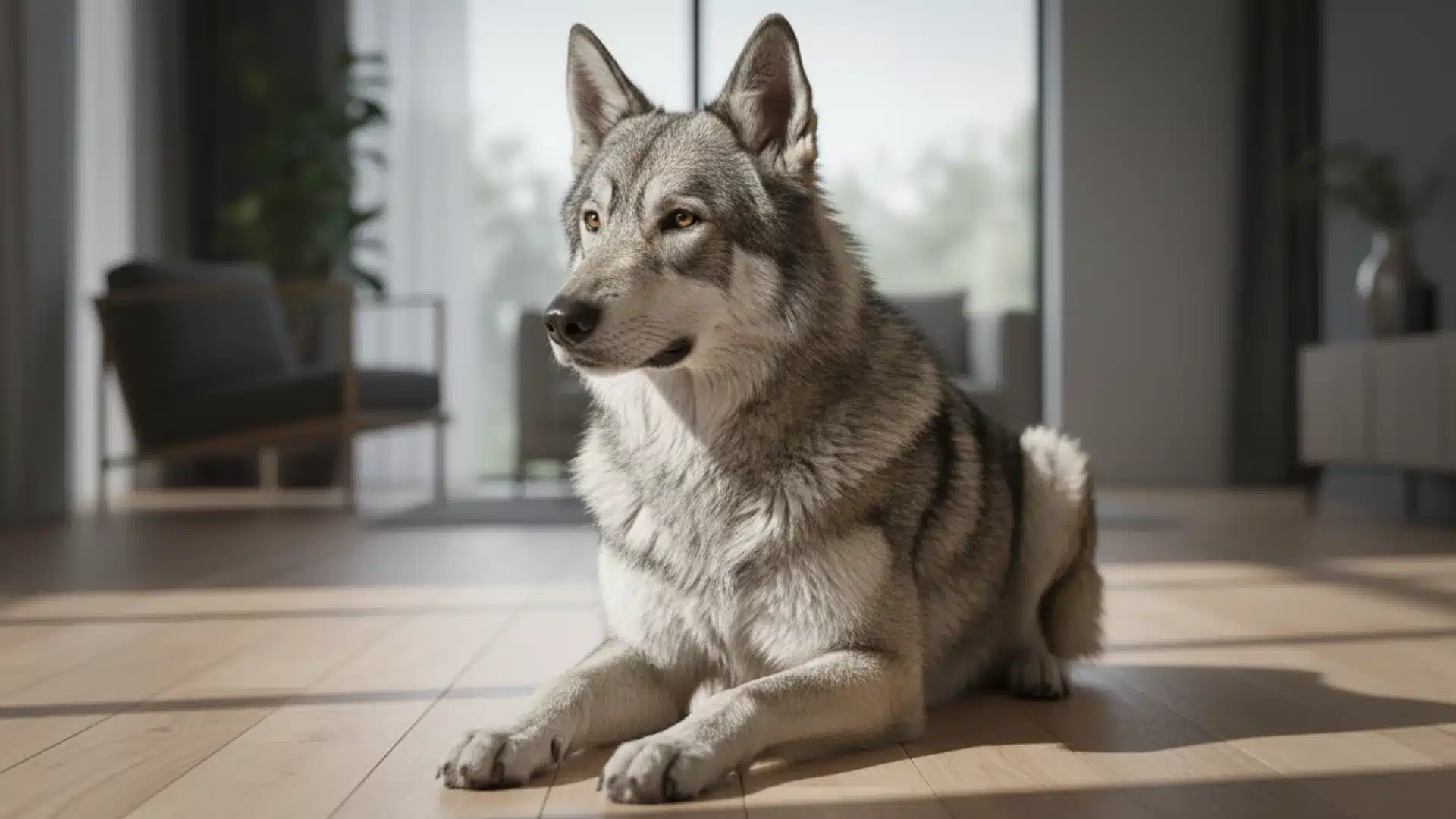Russian Wolfdog lying on a wooden floor indoors, looking left in a modern living room with sunlight