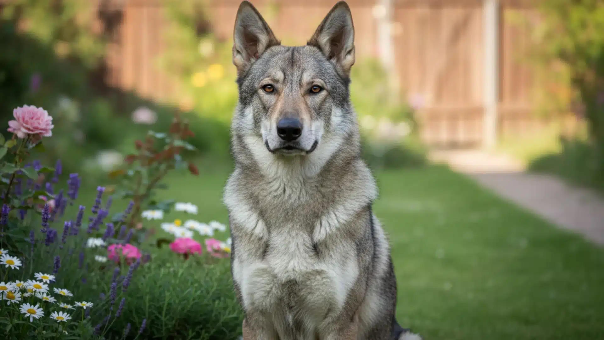 Saarloos Wolfdog sitting in a home garden with colorful flowers, green grass, and a wooden fence behind