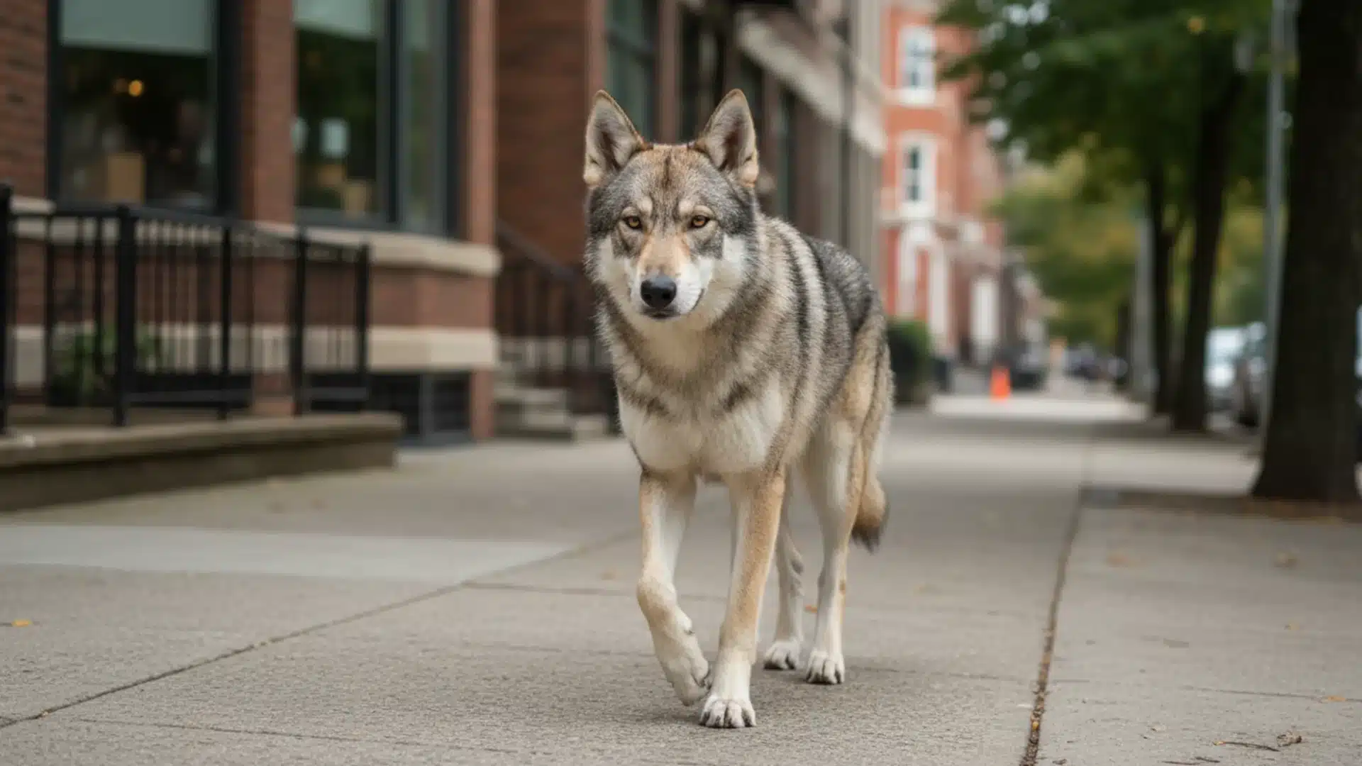 Saarloos Wolfdog walking along a city sidewalk with buildings and trees blurred in background