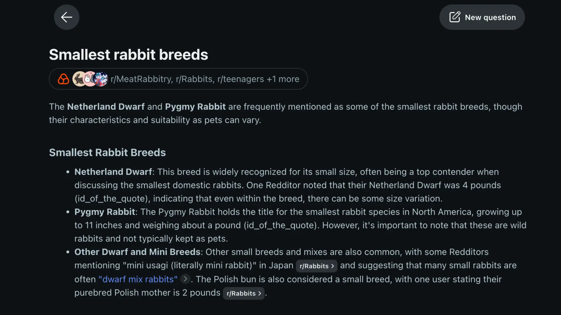 Screenshot of Reddit discussion listing smallest rabbit breeds, highlighting Netherland Dwarf and Pygmy Rabbit size comparisons