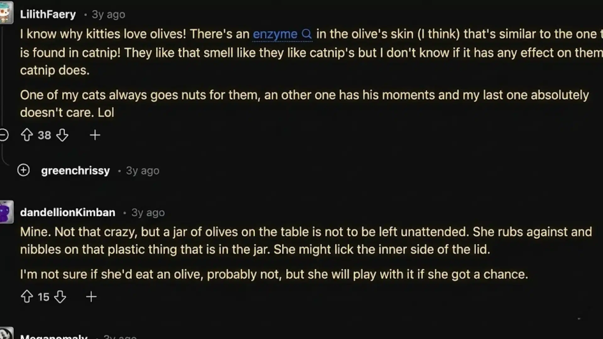 Screenshot of Reddit discussion on why cats love olives and react to the smell similar to catnip, sharing experiences of cats playing with olives