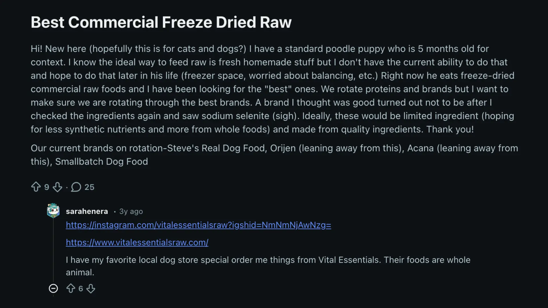 Screenshot of Reddit forum where dog parents are sharing their reviews and personal experiences about best freeze dried food for dogs