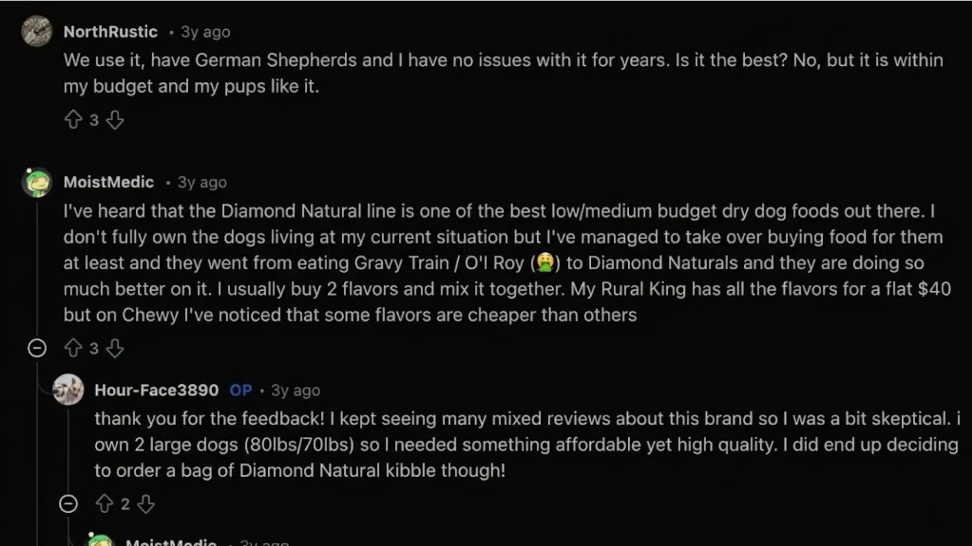 Screenshot of Reddit users sharing experiences with Diamond dog food, discussing budget, quality, and dog health outcomes