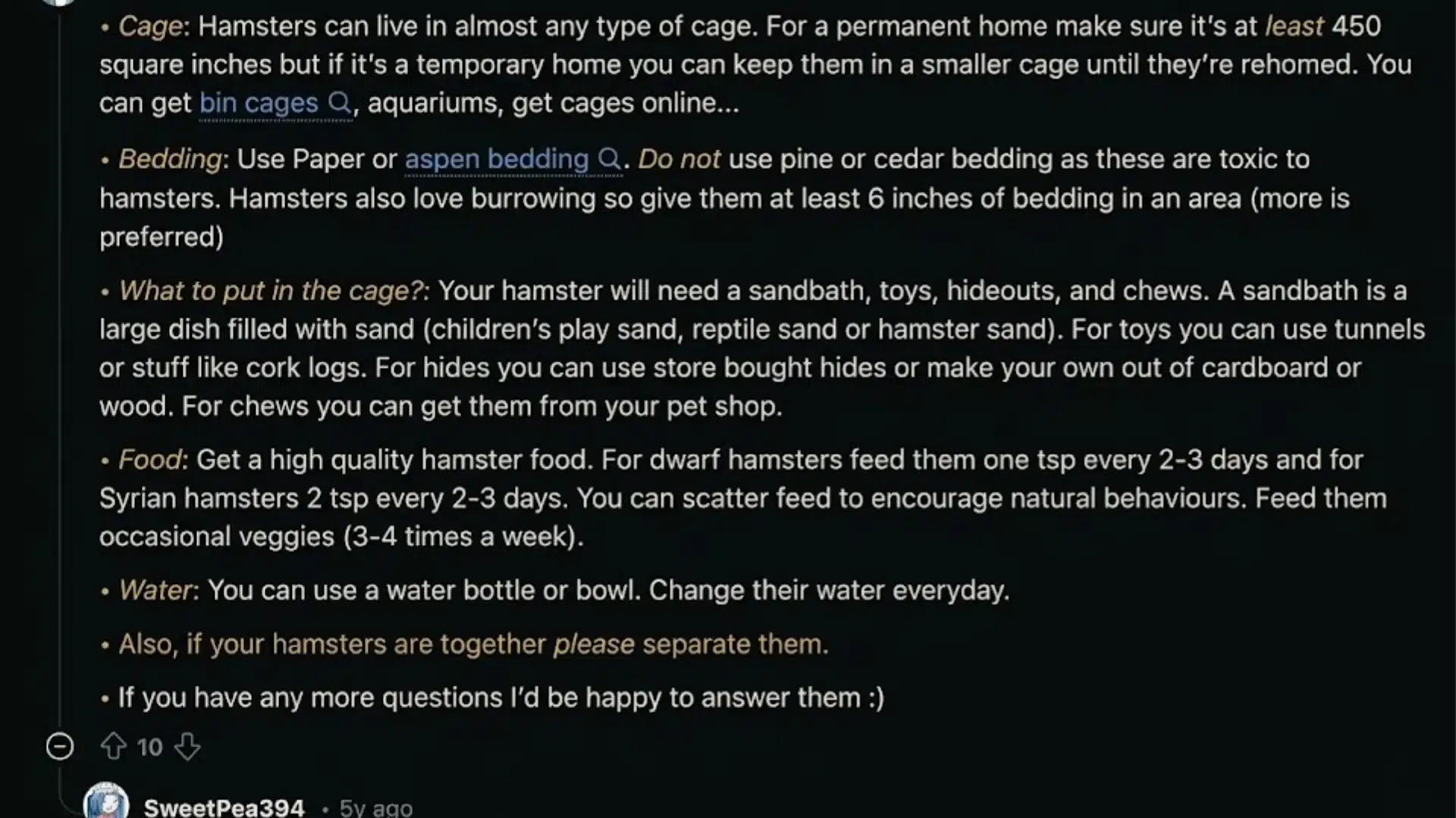 Screenshot of hamster care tips covering cage size, bedding, food, water, and basic habitat setup advice