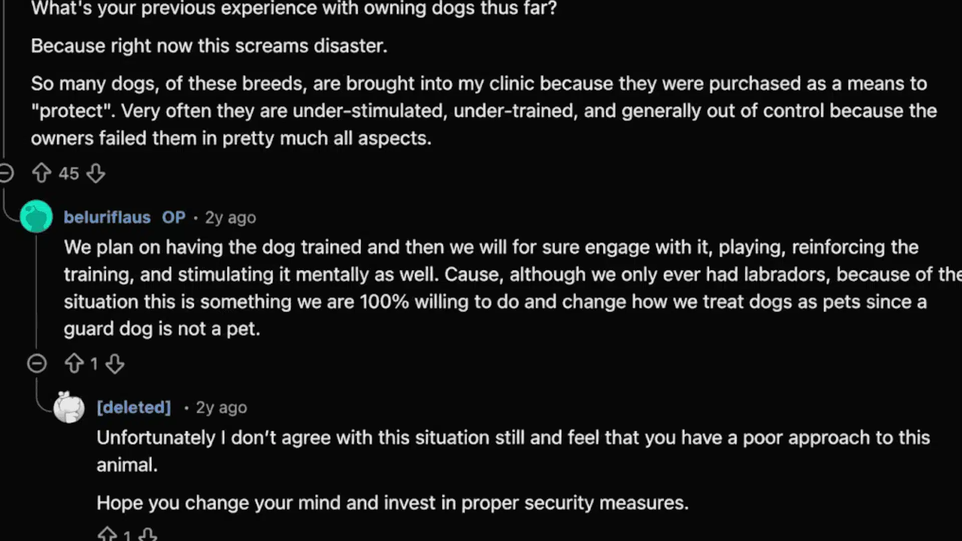 Screenshot of online discussion about guard dogs training, owner responsibility, and home protection concerns