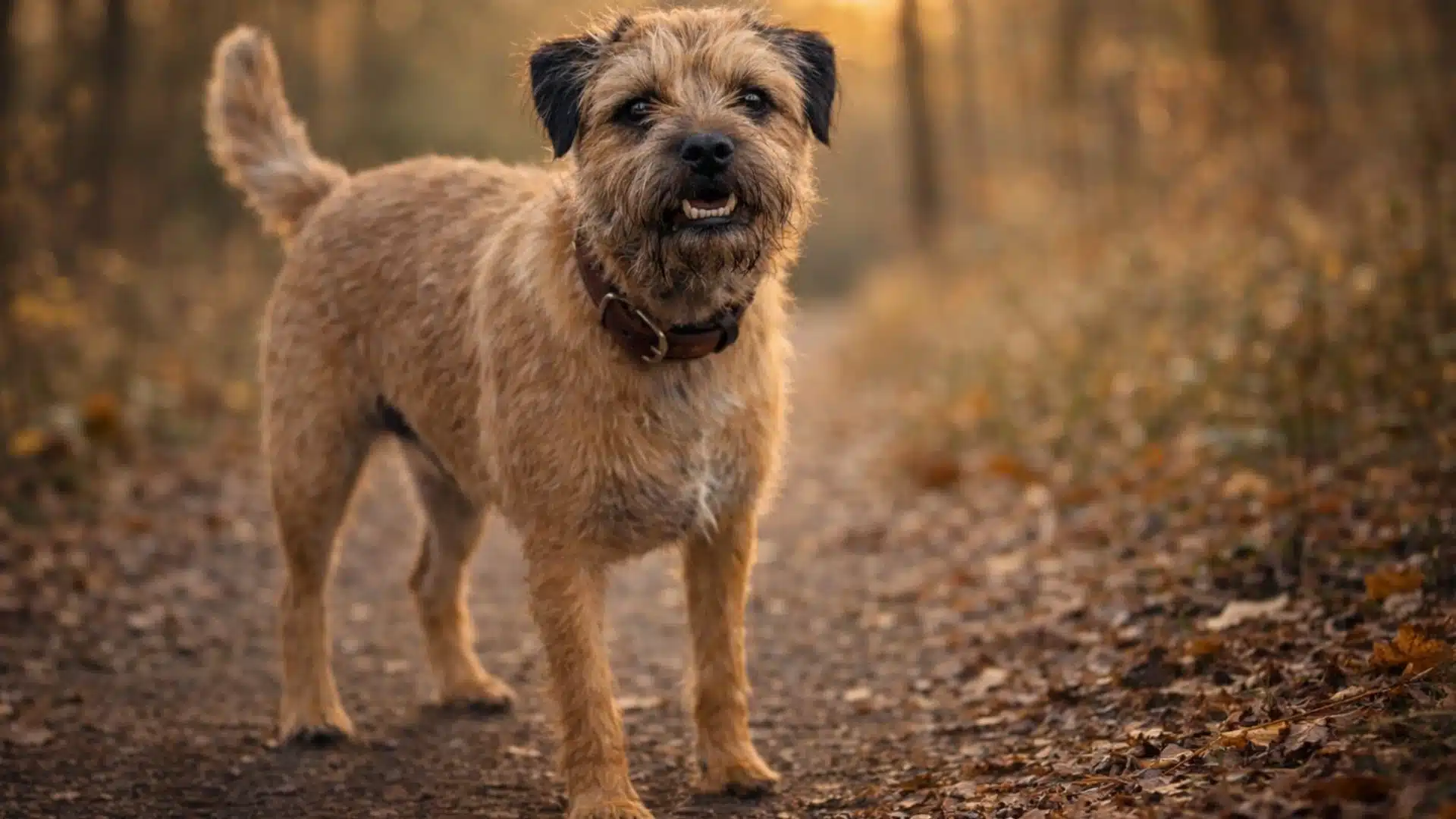 Scruffy brown Border Terrier dog standing on a forest trail covered in autumn leaves, wearing a dark leather buckled collar