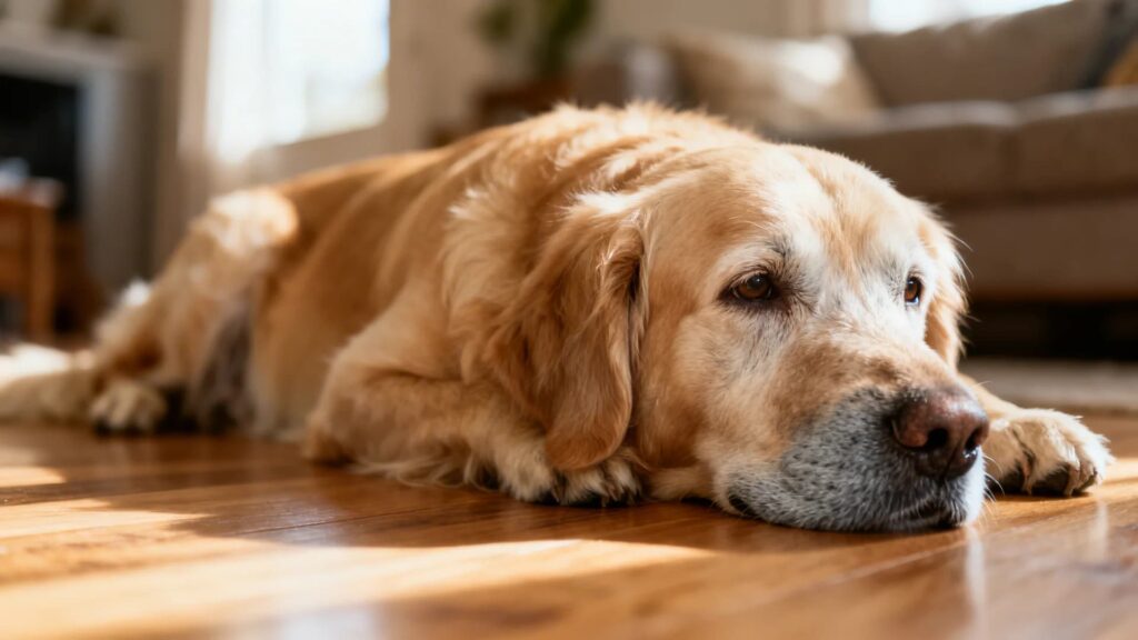 Senior Golden Retriever lying comfortably on a wooden floor inside a cozy home