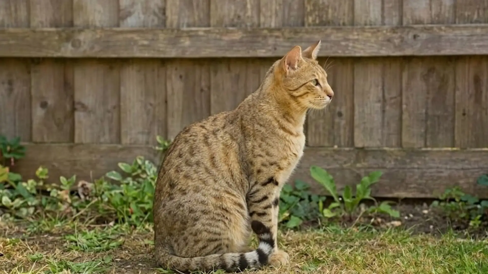 Serengeti cat sitting on grass in backyard near wooden fence, spotted coat and striped tail visible