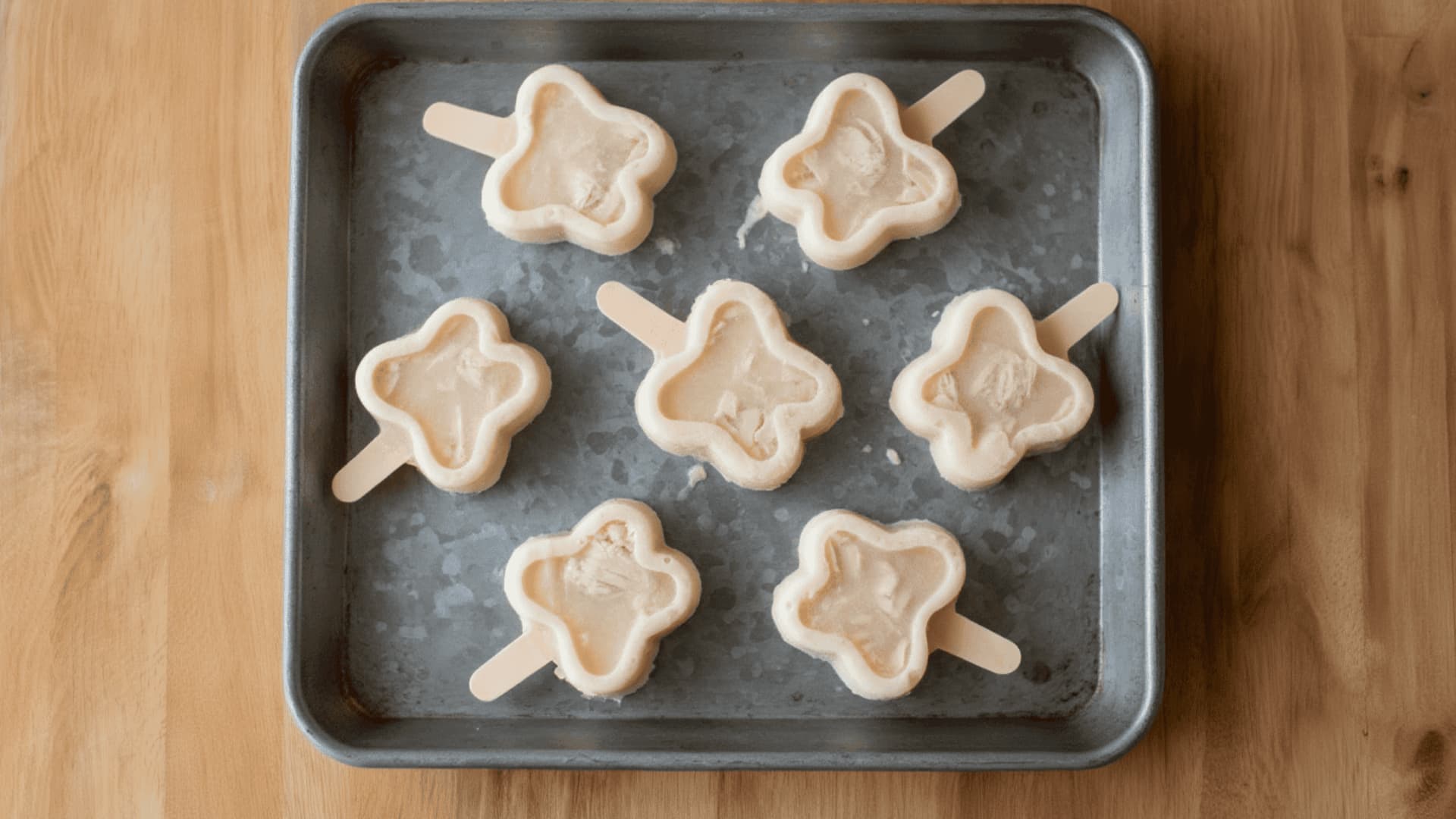 Seven star-shaped frozen treats with wooden sticks on a metal baking tray