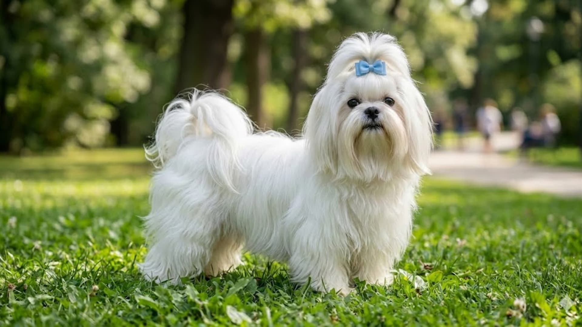 Shih Tzu (White) breed dog standing in a grassy backyard background
