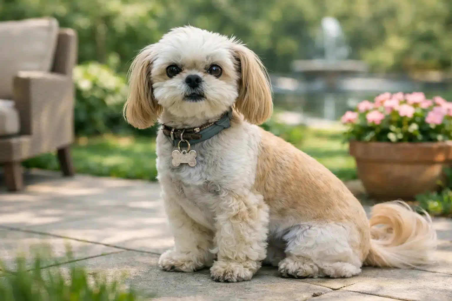 Shih Tzu sitting on stone patio with garden and fountain in background