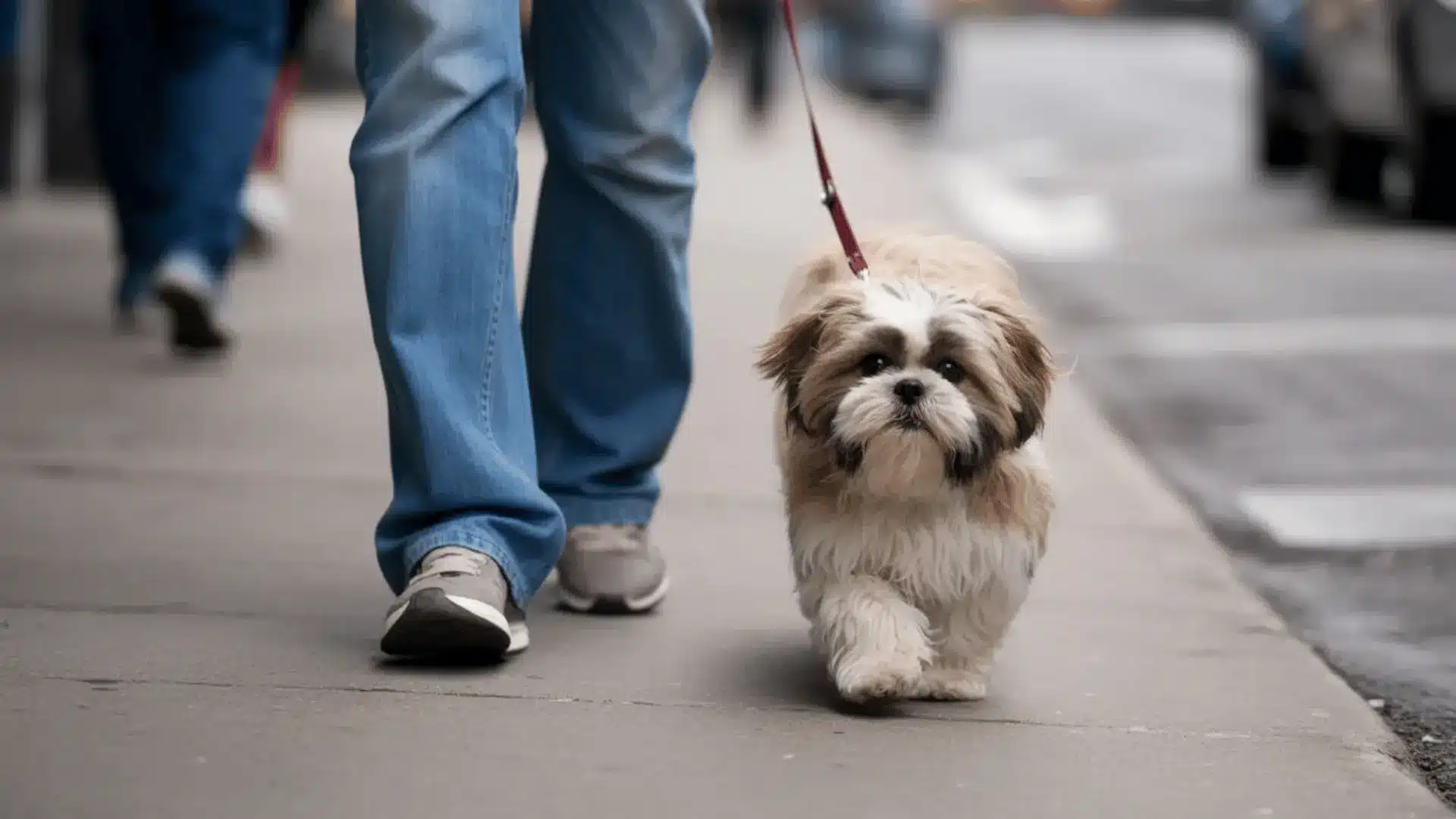 Shih tzu walking on leash beside person in jeans on city sidewalk