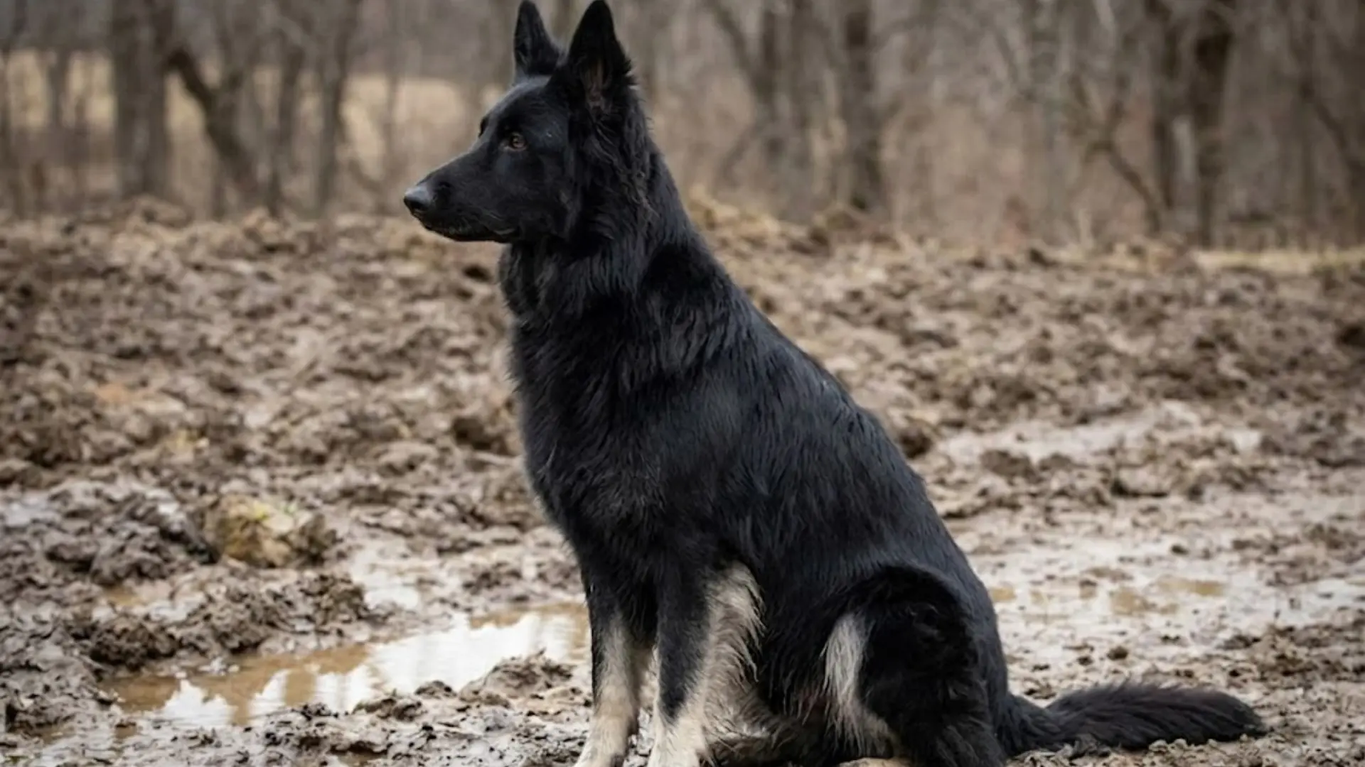 Shiloh shepherd sitting in a muddy woodland area, showing its athletic build, alert ears, and dark brindle coat typical of working dog breeds