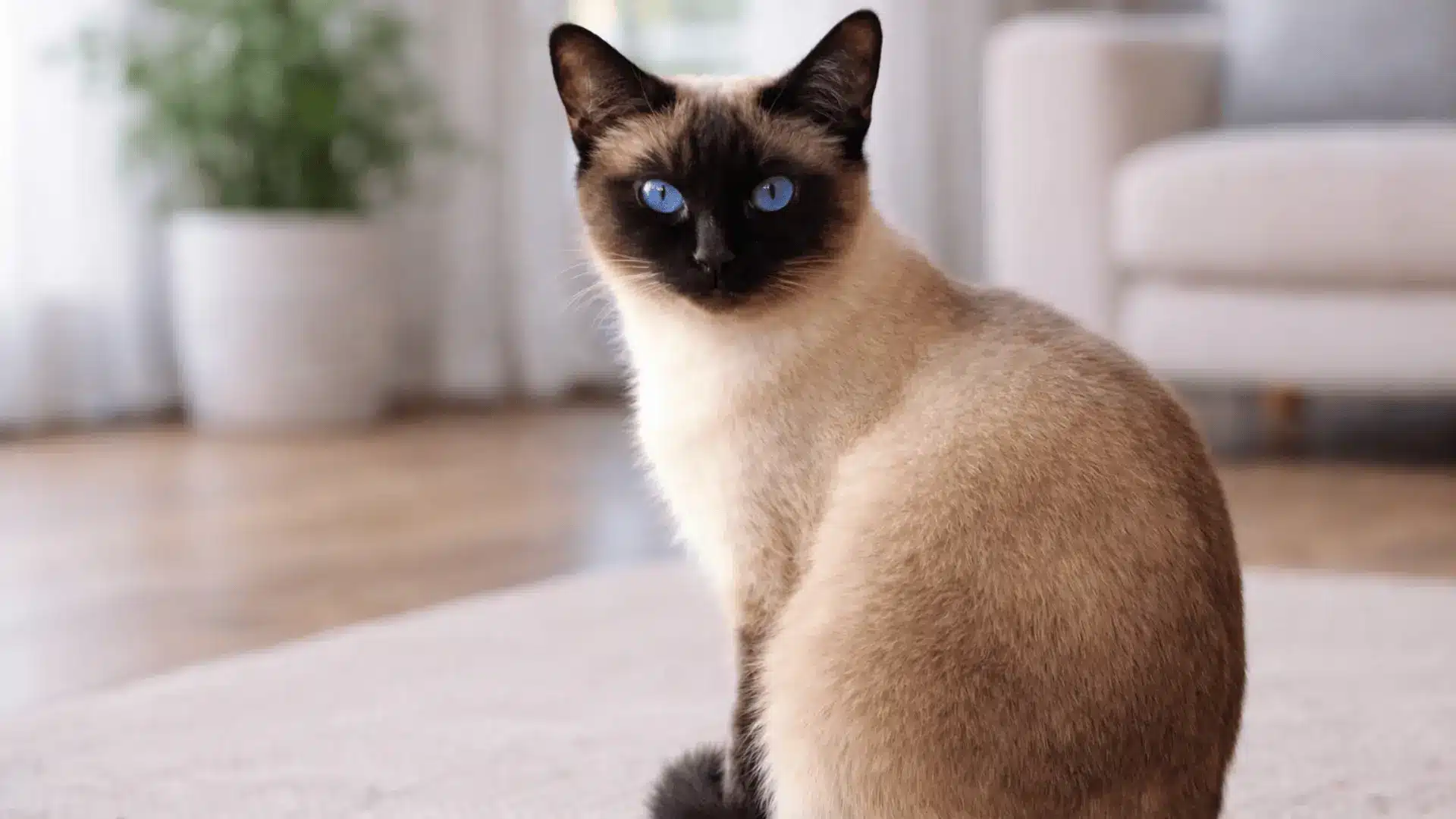 Siamese cat with blue eyes sitting on a light carpet in a sunlit room