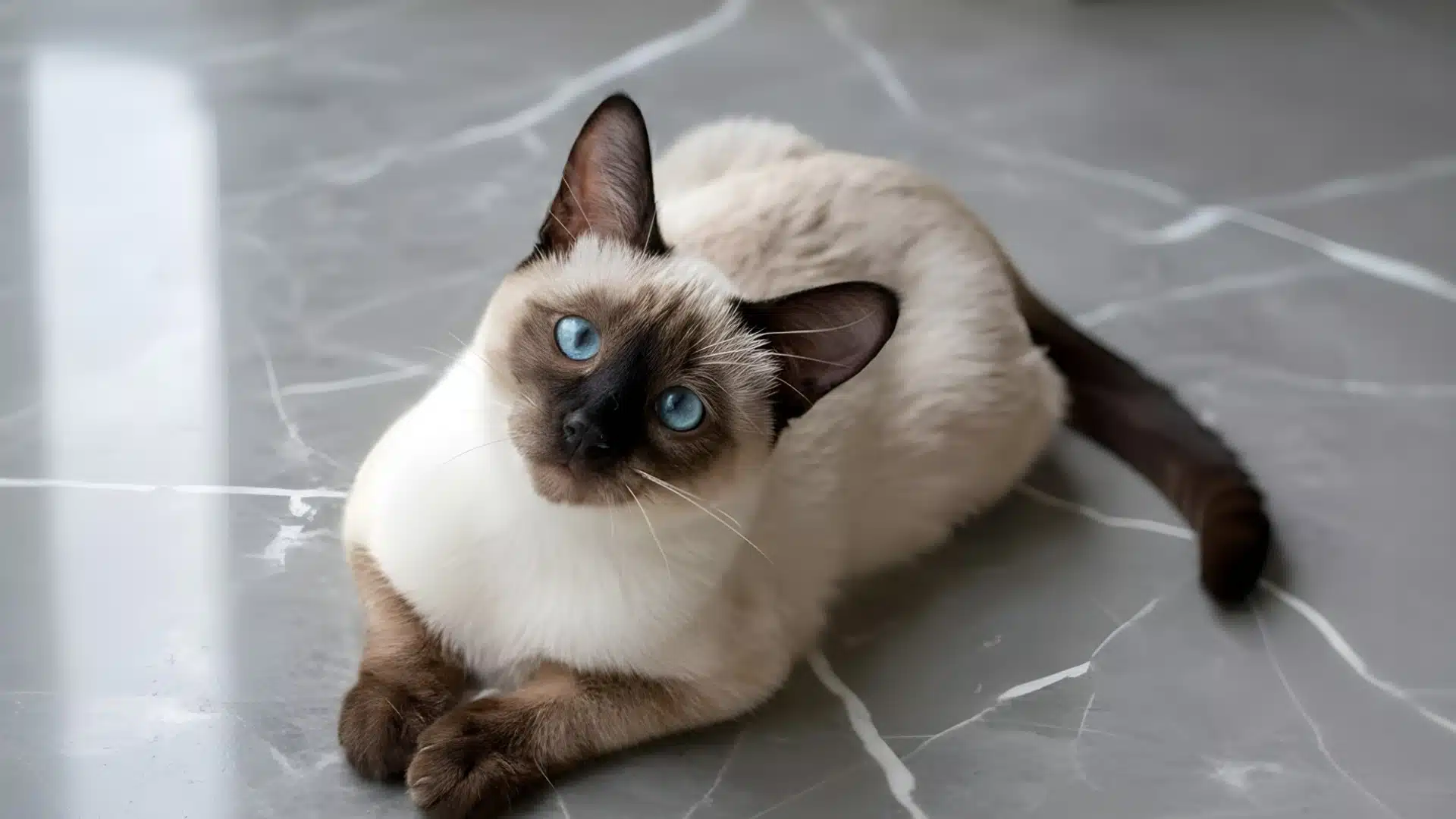 Siamese cat with bright blue eyes and seal point coat lying on a marble floor indoors looking up
