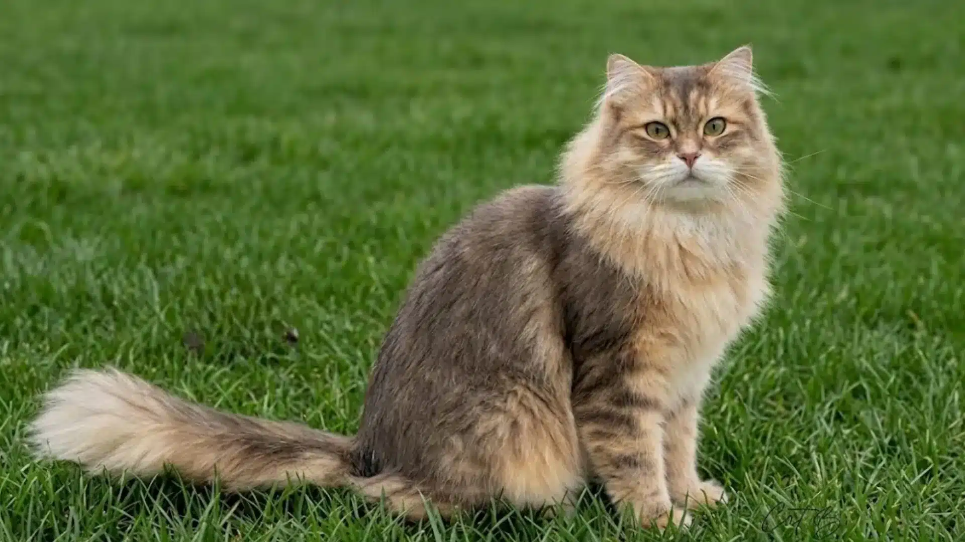 Siberian Cat with fluffy brown and cream long hair cat sitting on green grass field