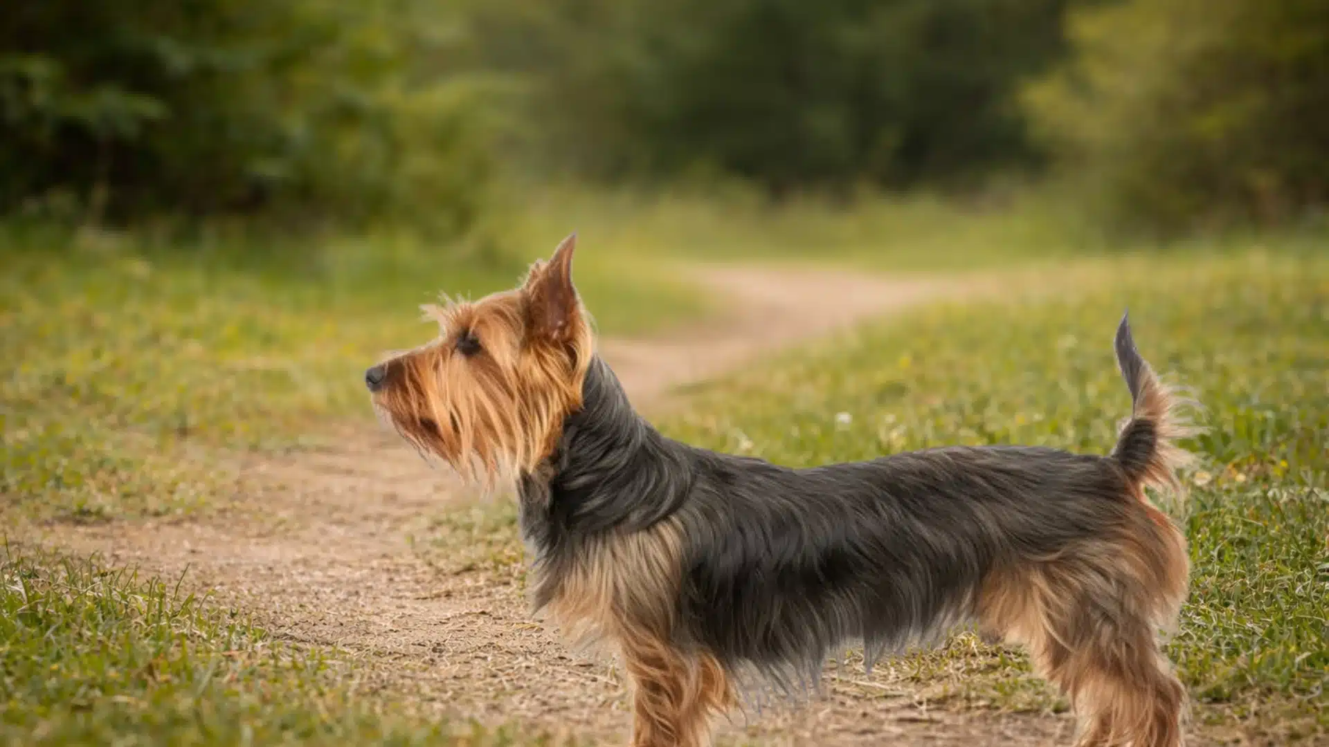 Silky Terrier standing on dirt path in grassy park, long tan and steel blue coat, looking to the left outdoors