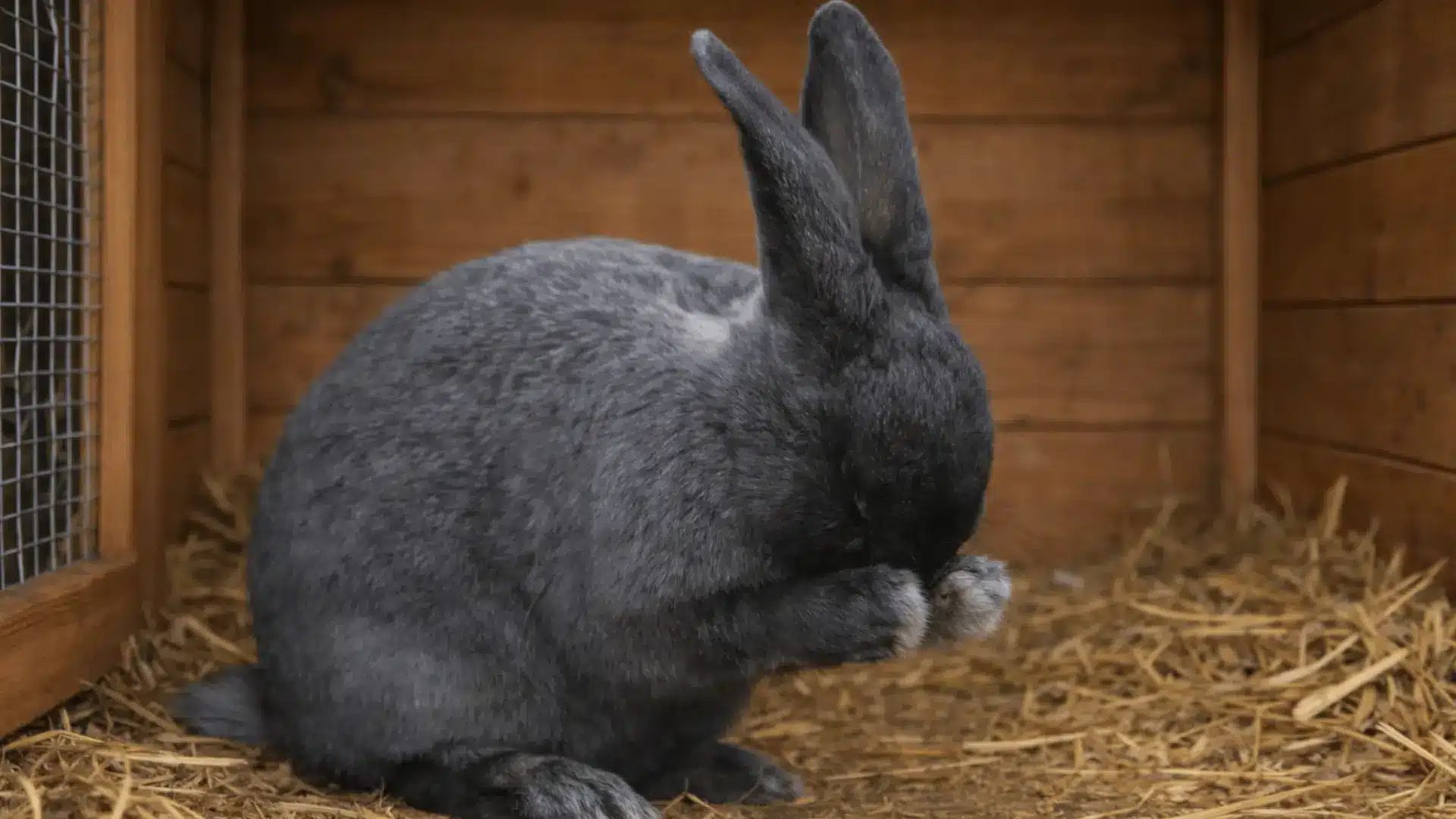 Silver Fox rabbit with plush fur and sturdy body sitting inside wooden hutch