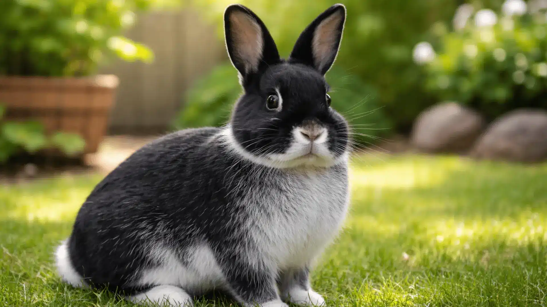 Silver Marten rabbit sitting on green backyard grass with black coat and silver undercolor