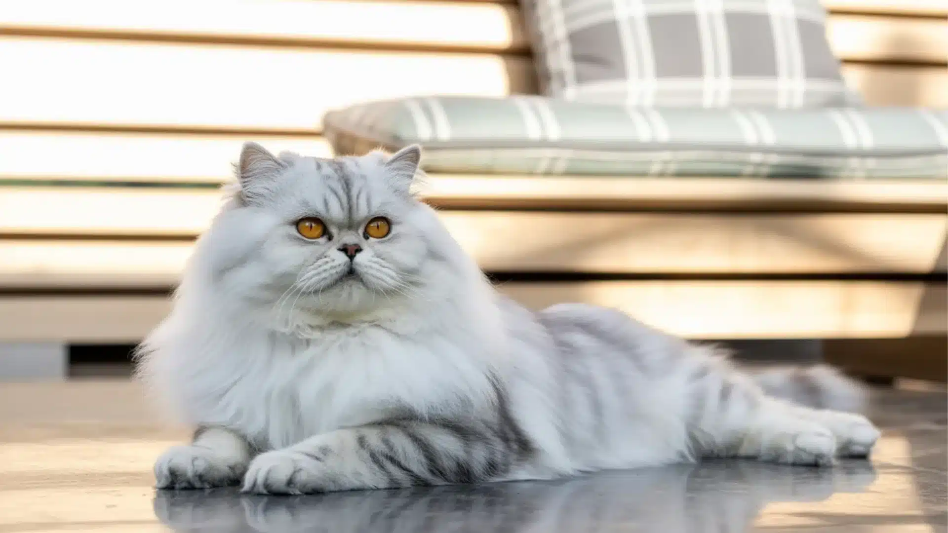 Silver shaded Persian cat with long fluffy coat and golden eyes resting on a wooden bench indoors