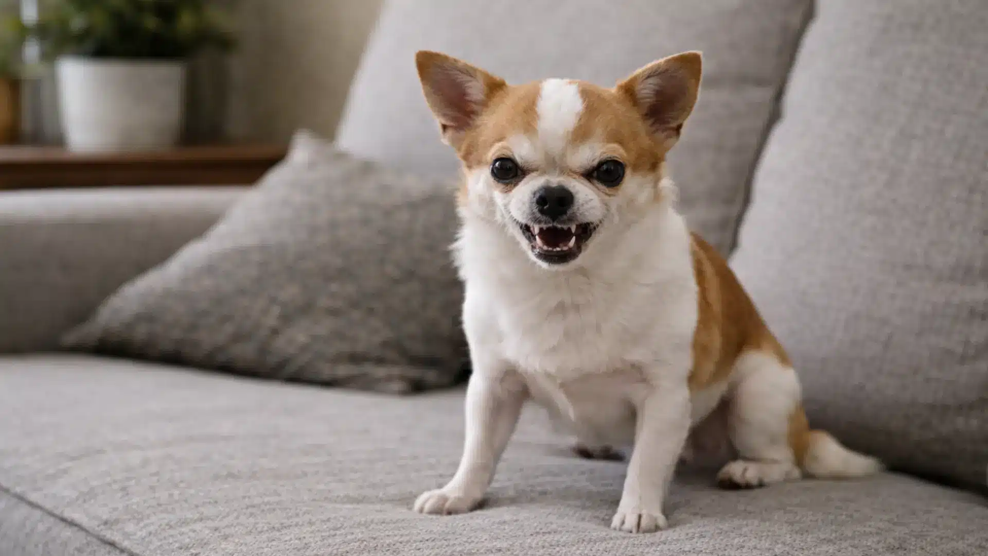 Small brown and white Chihuahua sitting on gray couch indoors with ears upright and angry face expression