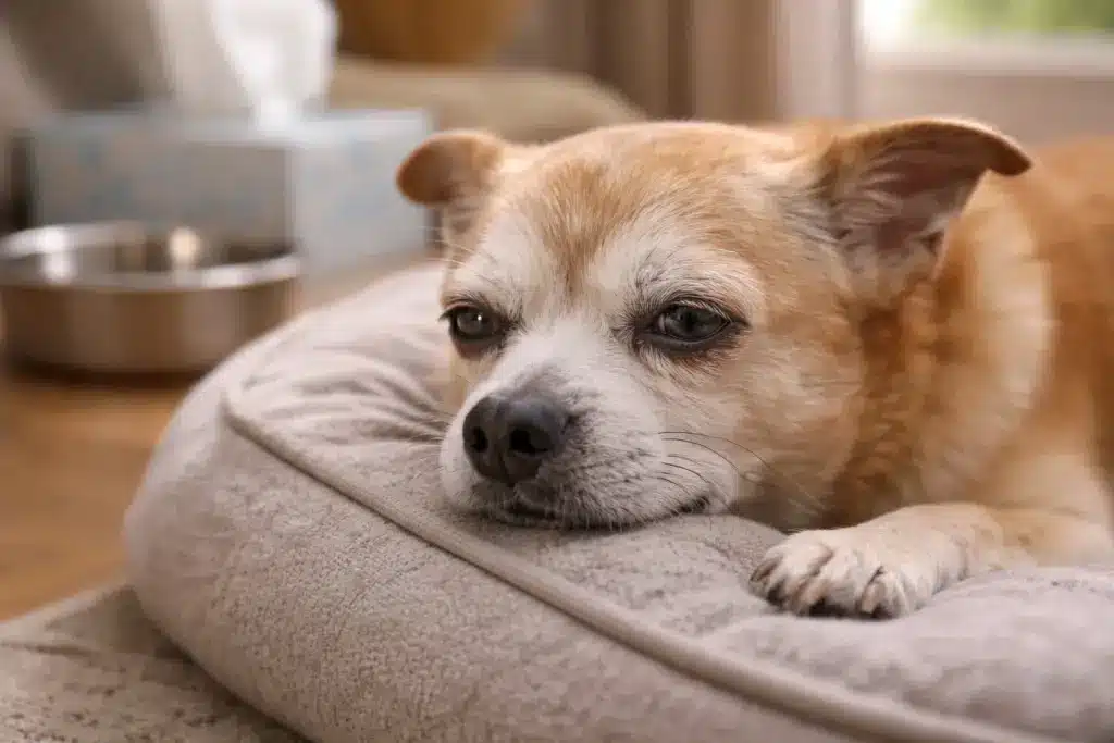 Small dog lying on bed looking lethargic and uncomfortable, commonly associated with constipation symptoms in dogs