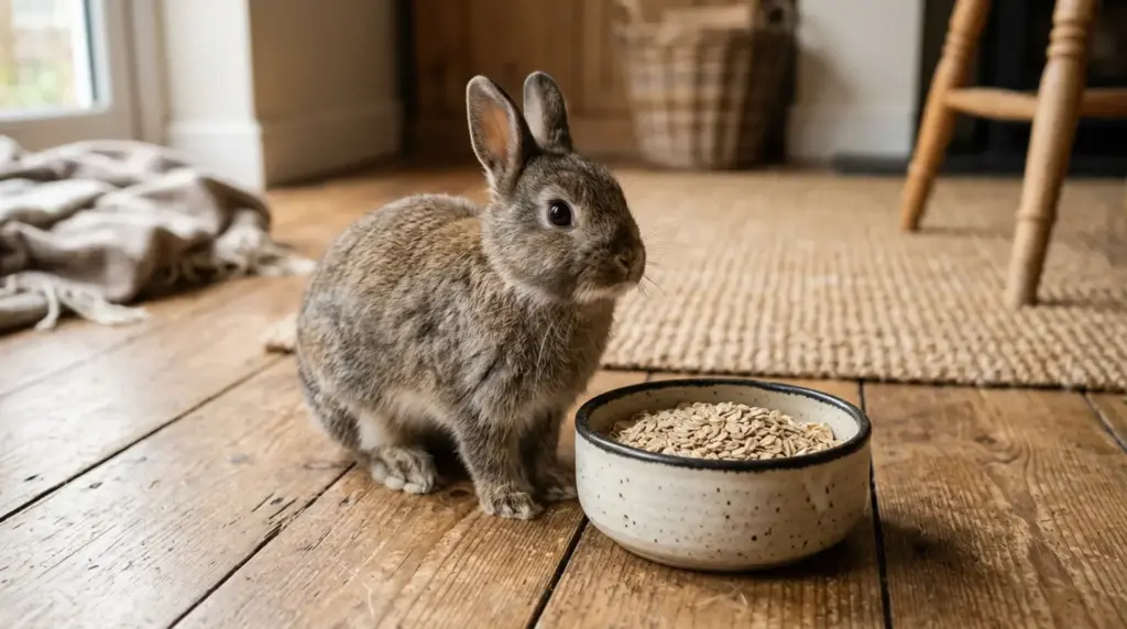 Small rabbit next to bowl of oats on wooden floor in bright indoor room