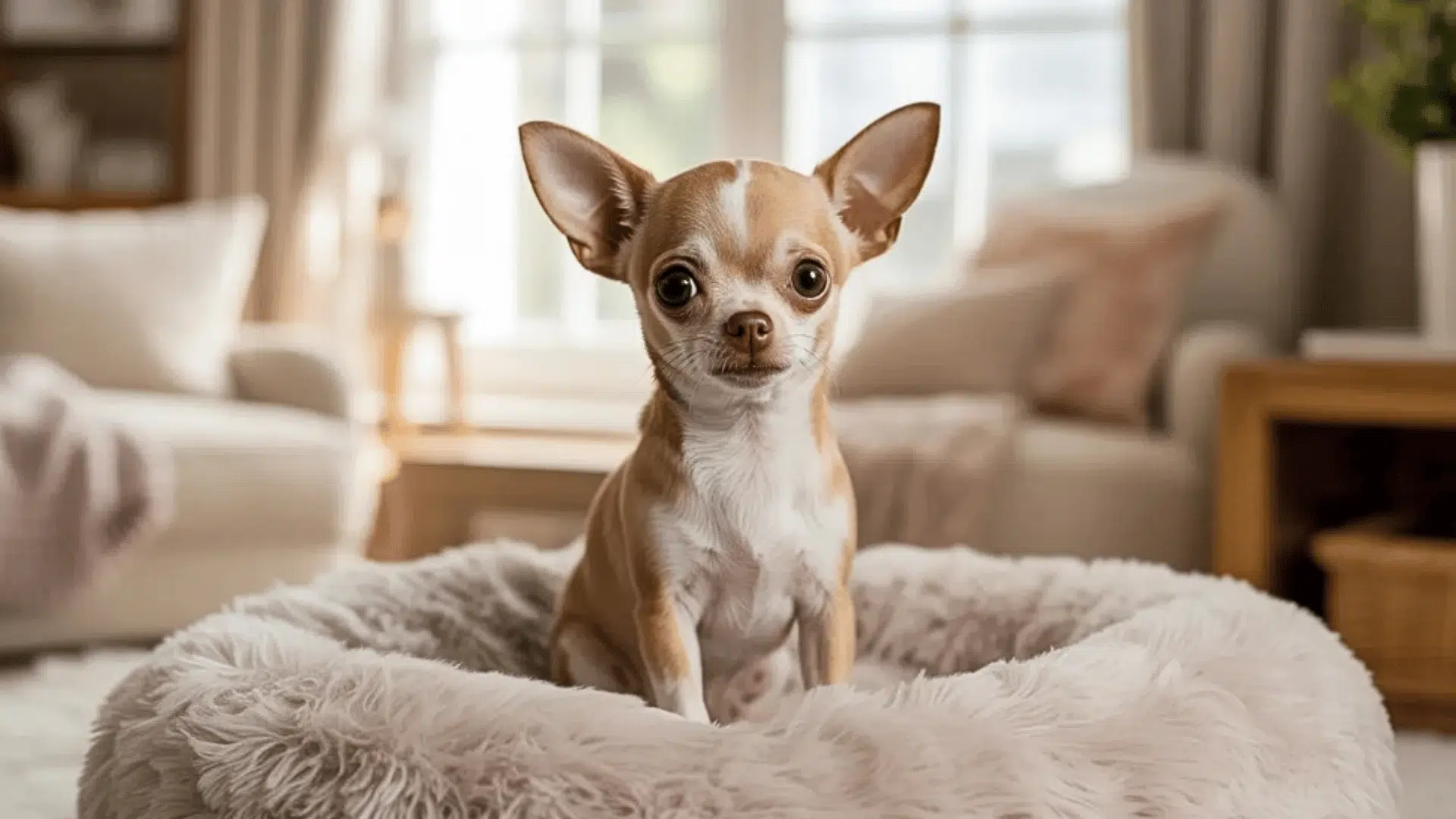 Small tan Chihuahua sits on plush dog bed indoors in a white living room