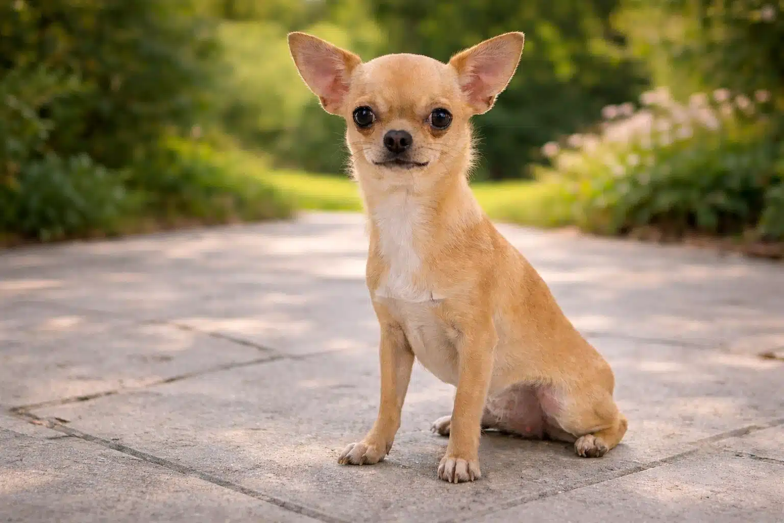 Small tan Chihuahua sitting on patio with garden background